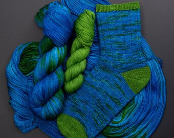 Blue Planet- Hand dyed, Superwash Merino Sock Set, 140g total, 80/20 Merino/Nylon Yarn, blue and green.