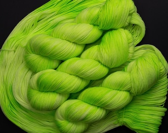 Margarita- 115g Superwash Merino Sock Yarn 80/20 Merino/Nylon,420yards-hand dyed Alberta Canada-black light reacactive neon lime and white
