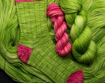 Sprout-Hand dyed, Superwash Merino Sock Set: 115g + 25g Mini Skein, 80/20 Merino/nylon, approx 510 yards, green, pink, orange