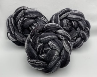 Charcoal- 115g Merino Bamboo Combed Top, 70/30 blend Non-Superwash- hand dyed in Alberta Canada