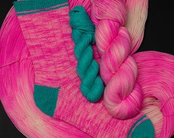 Flamingo-Hand dyed,Superwash Merino Sock Set: 80/20 Merino/ Nylon Yarn, 140g total