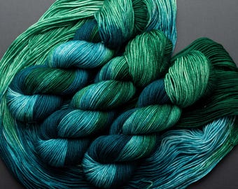 Sanctuary -115g Hand dyed knitting yarn, Superwash Merino Yarn, DK or Worsted, deep green, teal