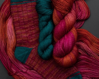 Superwash Merino Sock Set: Hand-Dyed Yarn, 115g Sangria and 25g Teal, 80/20 Superwash Merino/Nylon