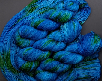 Blue Planet- 115g Superwash Merino Sock Yarn- 80/20 merino/nylon, 420 yards- hand dyed - variegated blues and green