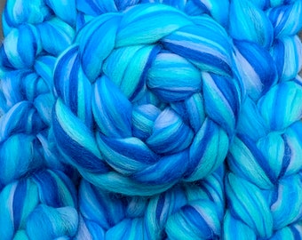 100g Commercially Blended Merino Top/ Roving- Non-Superwash- 100% Merino;  Turqoise, Blue, Pink- Tranquil