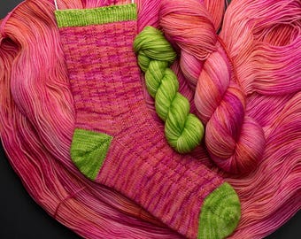Bloom-Hand dyed, Superwash Merino Sock Set: 115g + 25g Mini Skein, 80/20 Merino/nylon, approx 510 yards, pink, orange, green