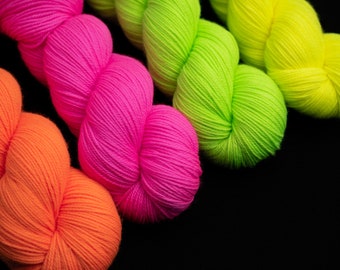 Neons- 115g Superwash Merino Sock Yarn, 80/20 Merino/Nylon,420yards-hand dyed in Alberta Canada- choose from neon pink, orange, lemon, green