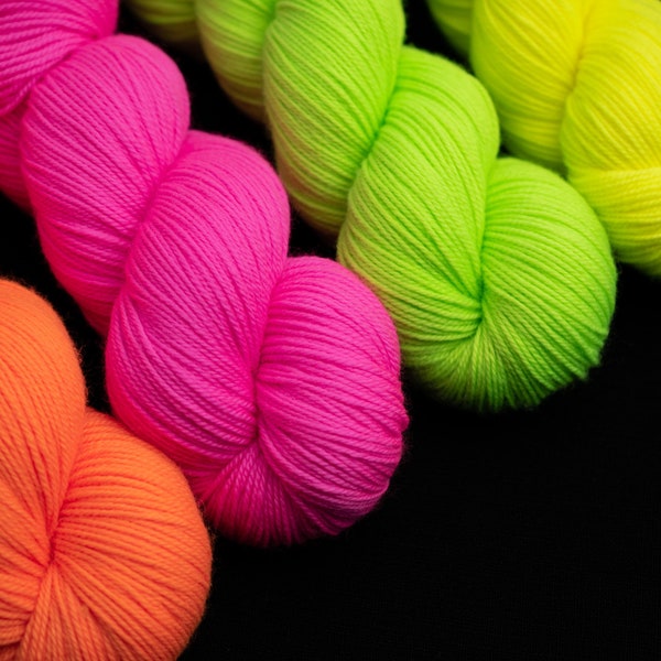 Neons- 115g Superwash Merino Sock Yarn, 80/20 Merino/Nylon,420yards-hand dyed in Alberta Canada- choose from neon pink, orange, lemon, green