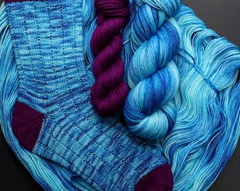 Surf-Hand dyed, Superwash Merino Sock Set: 115g + 25g Mini Skein Midnight Plum, 80/20 Merino/nylon, approx 510 yards, blue, magenta