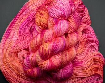 Bloom Merino Sock Yarn, 115g hank-  80/20 Merino/nylon, 418 yards, fingering knitting yarn, pink, orange, magenta