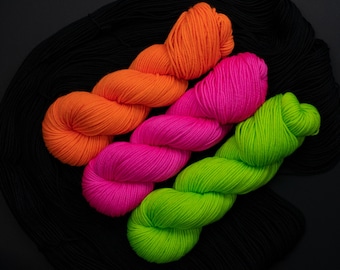 Hand Dyed Superwash Merino Wool Yarn: Neon Pink, Orange, Lime - 115g Worsted