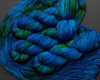 Blue Planet-115g Superwash Merino, Worsted or Dk, hand dyed in Alberta Canada, blue, green