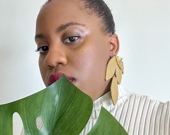 Cocoa Leaf Polymer Clay Earrings | Gold-Plated, Statement Jewelry