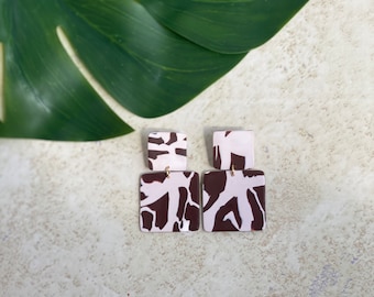 Handmade Brown and White Polymer Clay Earrings | Gold Plated Hardware