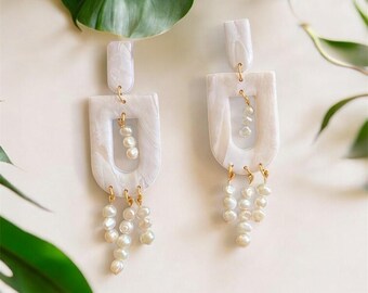 Chandy Polymer Clay Statement Earrings with Freshwater Pearls | Gold Plated Hardware