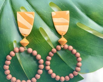 Handmade Zebrina Polymer Clay Earrings | Wooden Bead Hoop
