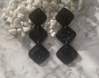 Black Marble Polymer Clay Dangle Earrings | Gold Plated, Statement Earrings