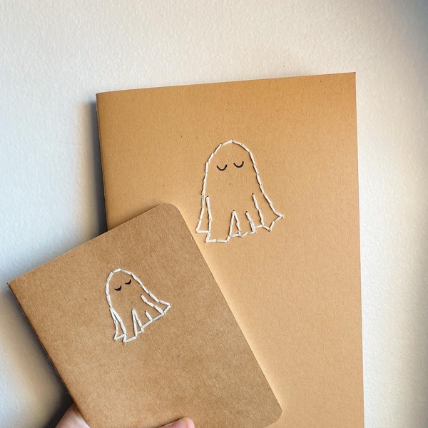 Ghost hand-embroidered kraft notebook, journal, travelers inserts | sizes vary | blank, lined, dotted, grid | cute cheap gift