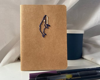 Whale hand-embroidered kraft notebook, journal, travelers inserts | sizes vary | blank, lined, dotted, grid | cute cheap gift