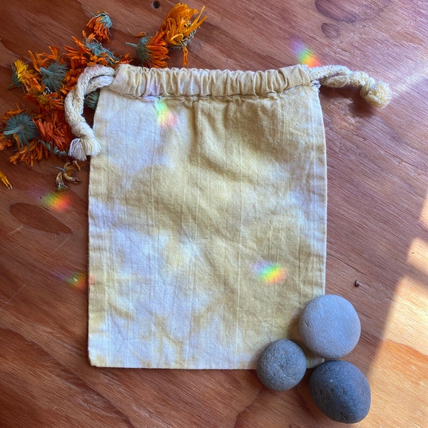 Plant Dyed Natural Muslin Drawstring Bag, Talisman or Keepsake Bag, Jewelry Bag, Gift Bag