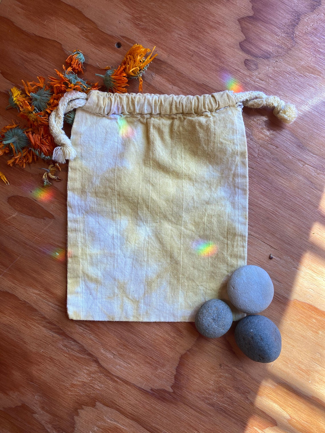 Plant Dyed Natural Muslin Drawstring Bag, Talisman or Keepsake Bag