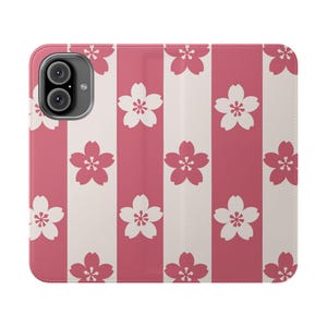Pink and White Stripe Blossom Flip Case, iPhone & Galaxy Wallet Folio with Card Slots, Japanese Floral Phone Cover Gift for Her