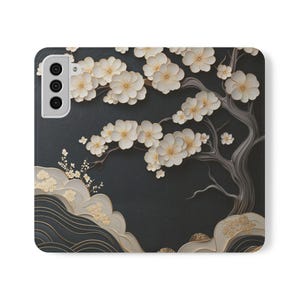 Elegante Goldblüte Flip-Hülle für iPhone & Galaxy | Kunstleder Brieftasche mit Kartenfächern | Dunkler Blumen Folio Ständer | Luxe Geschenkidee