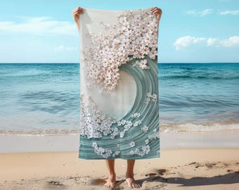 Sakura Wave Beach Towel, Cherry Blossom and Ocean Wave Towel Design, Soft and Durable XLrg Floral Towel for Beach and Pool, Gift For Her