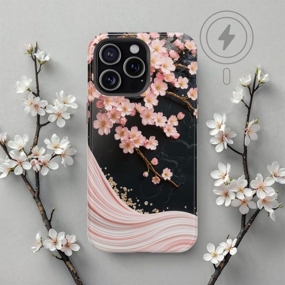 Sakura Cherry Blossom iPhone Case Magsafe Floral Phone Case Black
