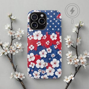 American Summer Floral iPhone MagSafe Case Red White Hibiscus Patriotic Design, 4th of July, Independence Day Phone Cover Gift for Her