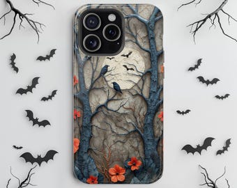 Etui MagSafe na iPhone'a z motywem nawiedzonego lasu kwitnącego, upiorne drzewo na Halloween z czerwonymi kwiatami, księżycem i nietoperzami, gotyckie etui na telefon z krukiem i jesienią