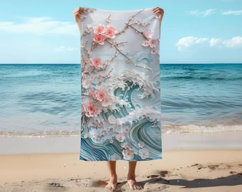 Sakura Blossom Wave Beach Towel Japanese Cherry Blossom & Ocean Design Soft Cotton Beach Gift Large Towel for Beach Summer Pool Gift for Her