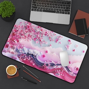 Pink Sakura Wave Schreibtischmatte, Japanische Kirschblüte Maus Pad, ästhetische Bürodekoration, Gaming Schreibtischmatte, Geschenk für sie, anpassbare Größen