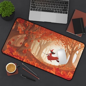 Halloween Witch Desk Mat, Spooky Autumn Blossom Mouse Pad, Witch in Enchanted Forest Large Mousepad, Fall Desk Mat for Work Office Home