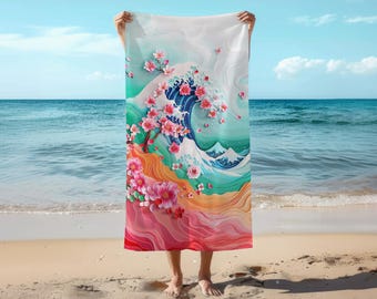Blossoming Wave Beach Towel - Colorful Ocean and Cherry Blossom Design for Beach, Large Pool Towel Gift For Him or Her