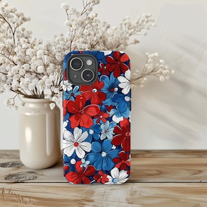 Red, White & Blue Floral iPhone Tough Case - USA Patriotic 4th of July Phone, Fits iPhone 16 Pro Max to iPhone 13, Gift for Her
