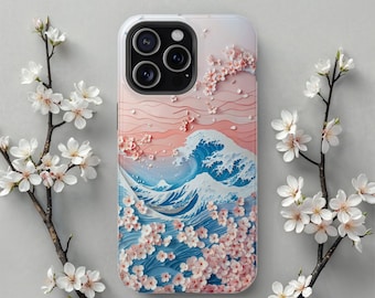 Cherry Blossom Wave MagSafe iPhone Casing - Wireless Compatible Case with iPhone 17 Pro Max to iPhone 13, The Great Wave Off Kanagawa Cover