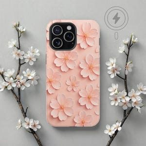 Pink Japanese Sakura MagSafe iPhone Case, 3D Looking Pastel Cherry Blossom Phone Cover for iPhone 13 14 15 16 Pro Max, Gift for Her