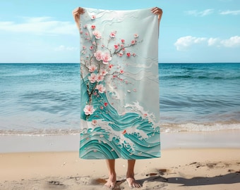 Blossoming Waves Beach Towel - Cherry Blossom Sakura and Ocean Wave Large Towel for Beach, Pool, and Travel, Gift for Him Her
