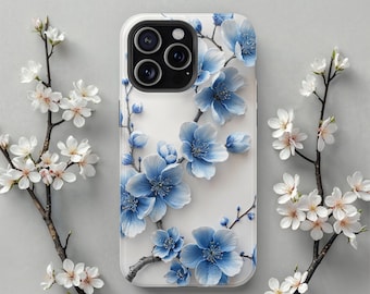 Funda MagSafe para iPhone con diseño de flores de cerezo en azul Delft, cubierta de carga magnética, para iPhone 16 Pro Max a iPhone 13, regalo para ella