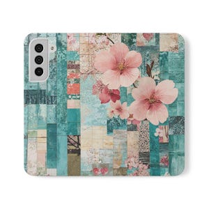 Funda abatible Patchwork Sakura para iPhone y Galaxy / Funda de piel sintética tipo billetera con ranuras para tarjetas / Diario de basura, soporte tipo folio / Regalo para ella