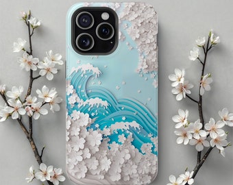 Wave and Blossom MagSafe iPhone Case - Sakura Ocean Art Cover, Fits iPhone 17 Pro Max to iPhone 13 - Magnetic Charge Casing, Gift for Her