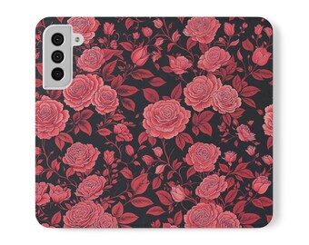 Red Rose Flip Case, Floral Vegan Leather iPhone & Galaxy Wallet Cover with Card Slots, Folio Stand Case for Women, Gift Idea