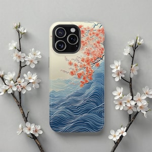 Ocean Waves MagSafe iPhone Case, Fits iPhone 17, 16, 15, 14, 13, Cherry Blossom Sakura Japanese Inspired Phone Cover, Perfect Gift For Her
