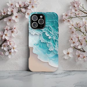 A detailed illustration of ocean waves meeting sandy shores, with intricate turquoise and white wave patterns creating a calming and realistic shoreline effect.