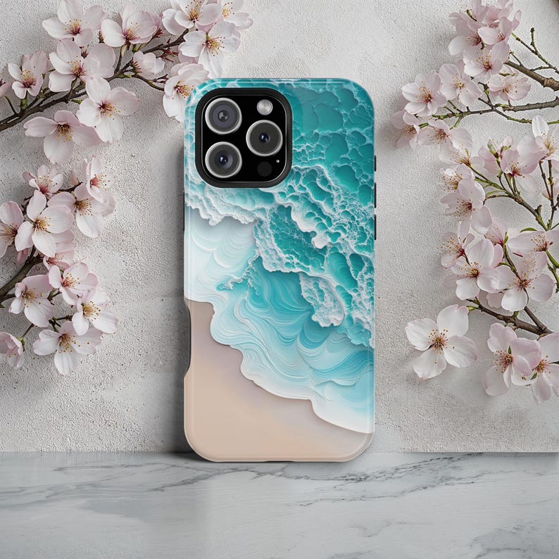 A detailed illustration of ocean waves meeting sandy shores, with intricate turquoise and white wave patterns creating a calming and realistic shoreline effect.