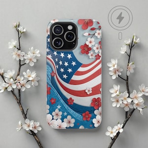 American Flag Blossom iPhone MagSafe Case, Red White Blue Floral Patriotic Phone Cover, USA, 4th of July, Independence Day Case Gift for Her