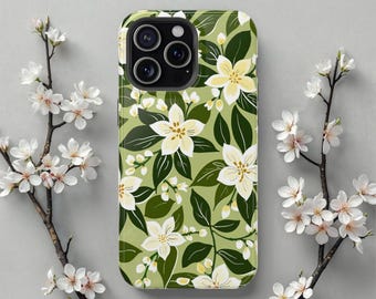 Funda MagSafe para iPhone con diseño de flores bohemias de primavera, follaje verde con flores blancas, compatible con los modelos de iPhone 17, 16, 15, 14 y 13, regalo floral botánico para ella.