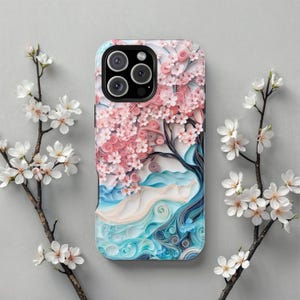 MagSafe iPhoneケース 桜の木と波、マグネット充電ケース、日本の桜の保護電話カバー、彼女へのギフト