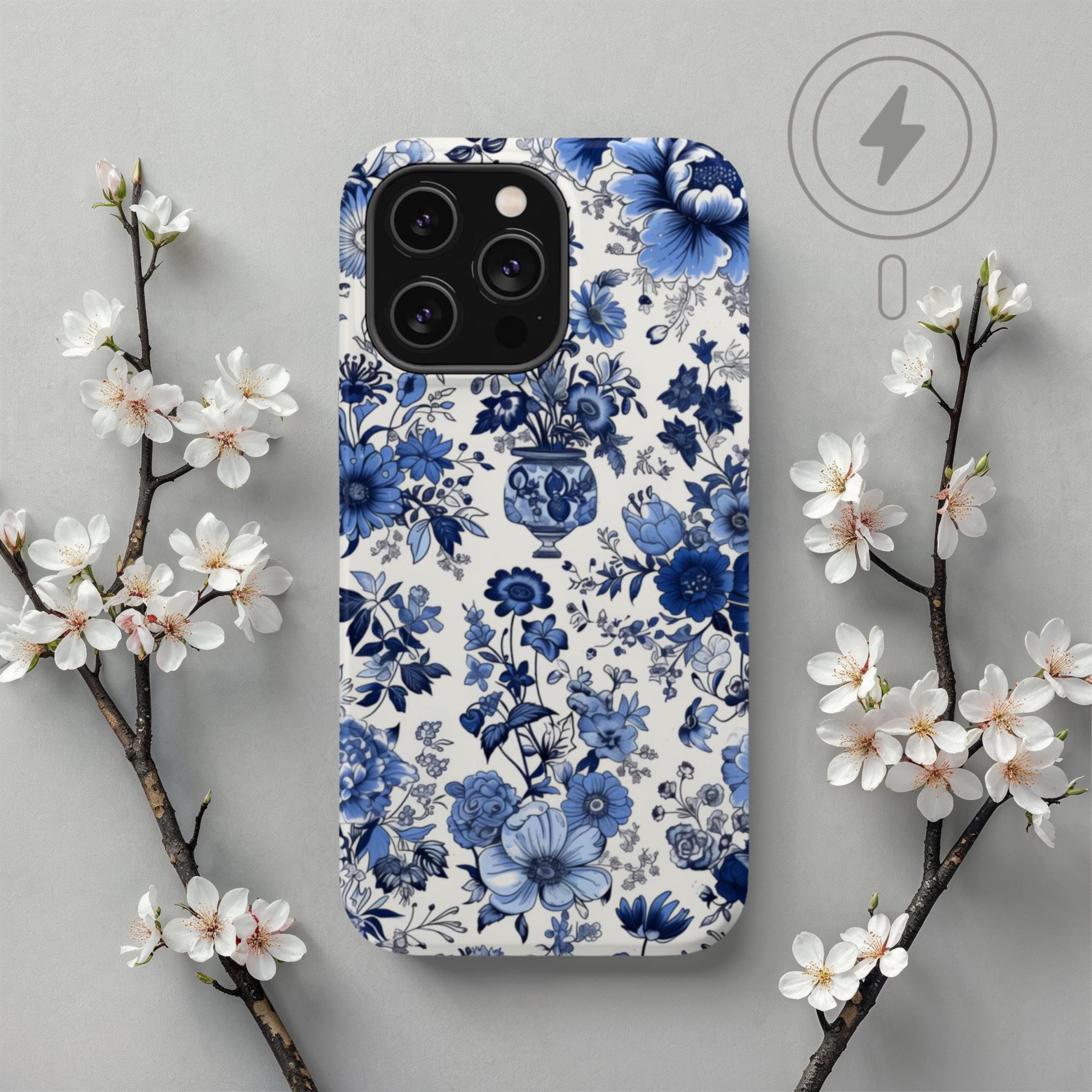 Funda MagSafe para iPhone con diseño floral azul de Delft: funda clásica inspirada en la cerámica de Delft, compatible con iPhone 16, 15, 14 y 13